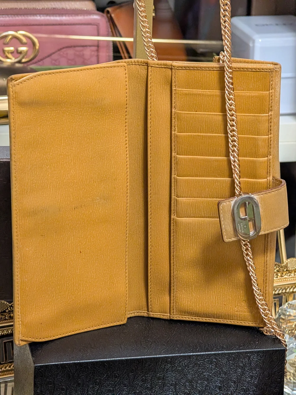 Gucci Camel Brown Leather Chain Crossbody Bag with Gold Hardware